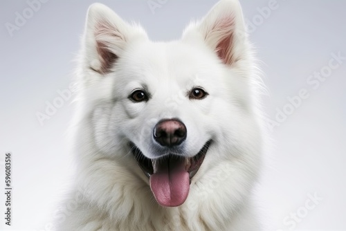 happy white dog with its tongue out, looking directly at the viewer. Generative AI