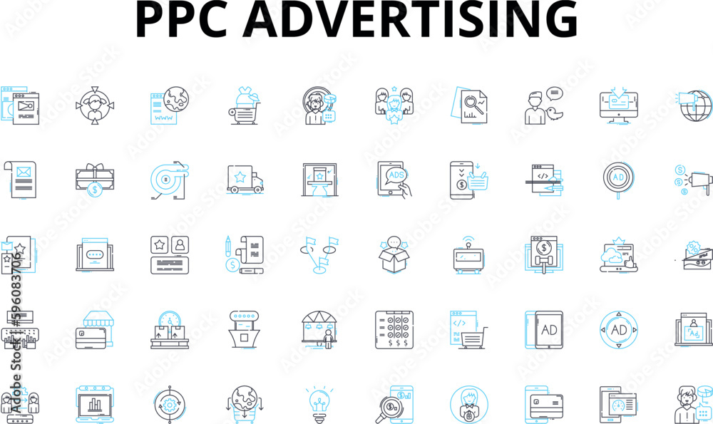 PPC advertising linear icons set. Adwords, Bidding, Campaigns, Clicks, Conversions, Cost-per-click, CTR vector symbols and line concept signs. Display,Google Ads,Impressions illustration PPC advertising linear icons set. Adwords, Bidding, Campaigns, Clicks, Conversions, Cost-per-click, CTR vector symbols and line concept signs. Display,Google Ads,Impressions illustration