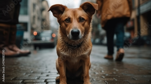 Dog sitting on a footpath in the city. Urban canine portrait. Generative AI
