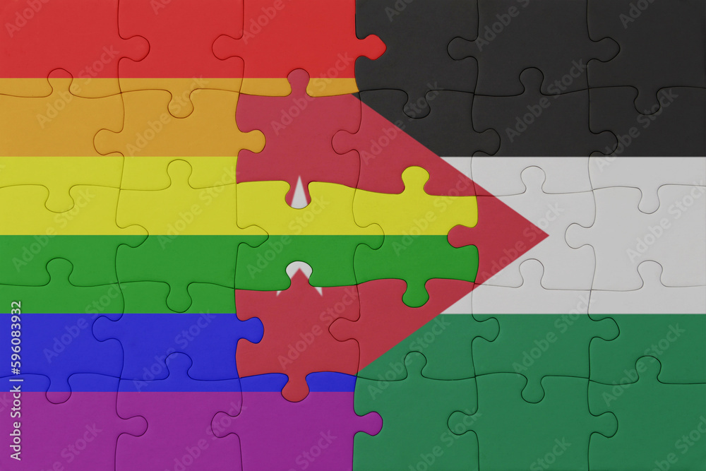 puzzle with the flag of rainbow gay pride and jordan . macro.concept. puzzle with the flag of rainbow gay pride and jordan . macro.concept.