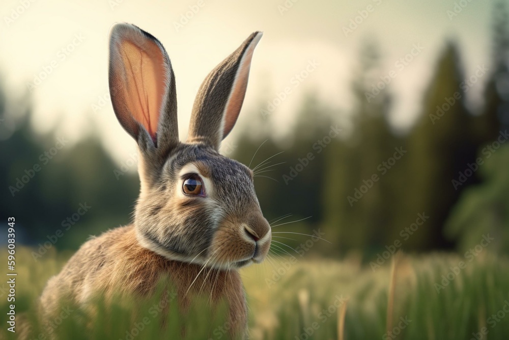 An illustration of a Dutch rabbit's pointy ears against a blurred nature landscape background. Generative AI