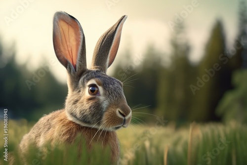 An illustration of a Dutch rabbit s pointy ears against a blurred nature landscape background. Generative AI