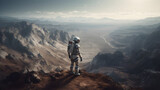 Astronaut stands on top of mountain on dusty alien planet. Generative AI.