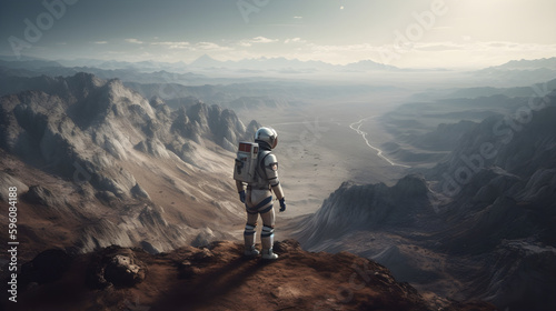 Astronaut stands on top of mountain on dusty alien planet. Generative AI.