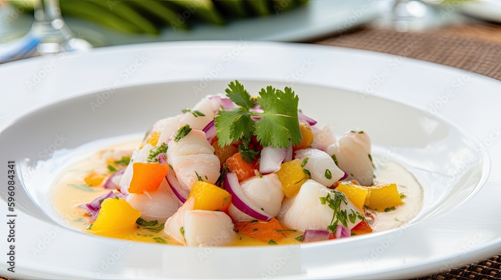 A plate of ceviche a seafood dish made with raw fish on a white plate. Generative AI