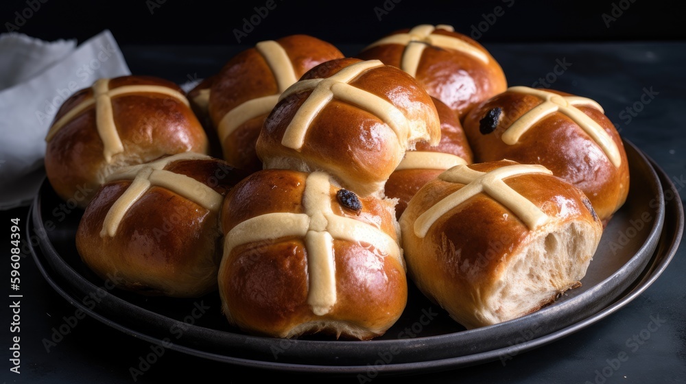 Homemade hot cross buns,  sweet and spiced bread, on a black tray . Generative AI