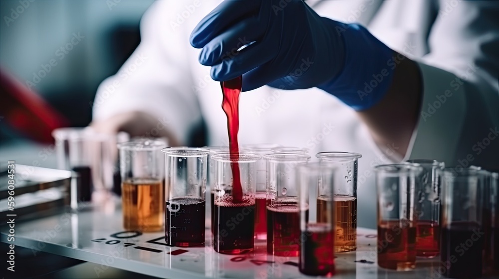 A close-up of a scientist's hand wearing protective gloves at a laboratory doing lab experiments and testing, Generative AI A close-up of a scientist's hand wearing protective gloves at a laboratory doing lab experiments and testing, Generative AI