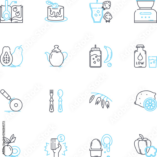 Beverage market linear icons set. Refreshment, Thirst-quencher, Hydration, Energy drinks, Juices, Soft drinks, Fizzy drinks line vector and concept signs. Coffee,Tea,Sports drinks outline