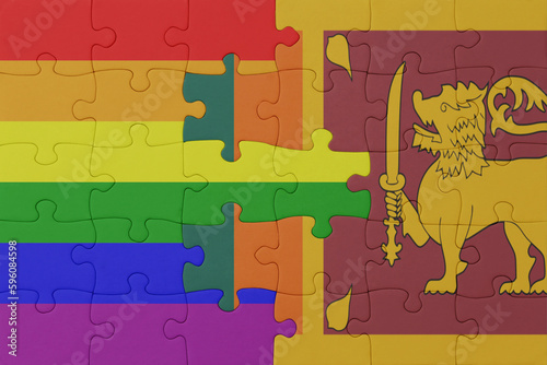 puzzle with the flag of rainbow gay pride and sri lanka . macro.concept.