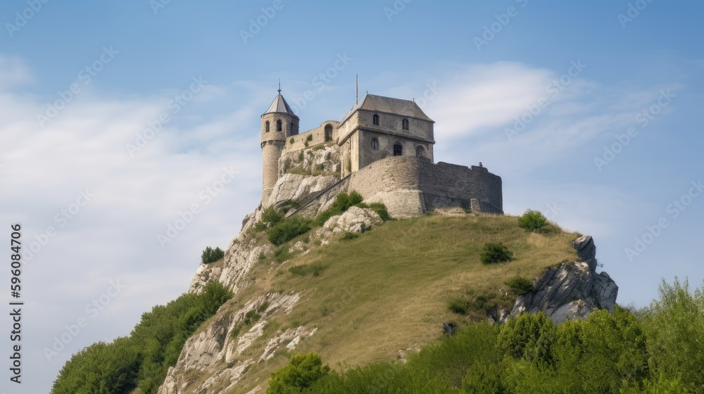 A stone castle perched atop a hill. Generative AI