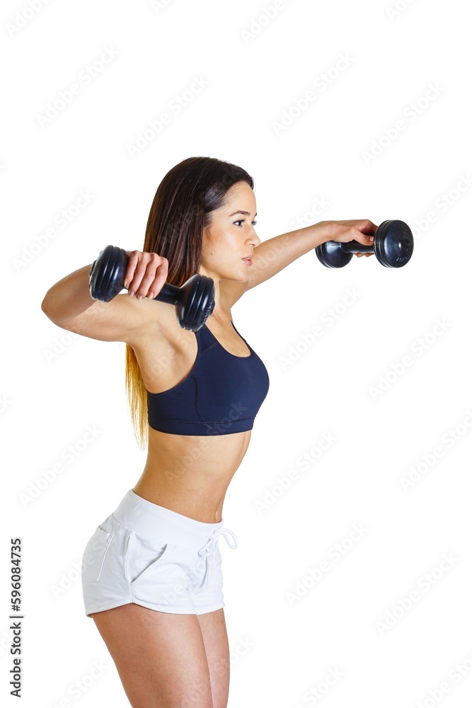 Side view of sporty athletic bodybuilder fitness girl in white shorts black top on a white background pumping up muscles with two bar bells weights dumbells making sport exercise workout Side view of sporty athletic bodybuilder fitness girl in white shorts black top on a white background pumping up muscles with two bar bells weights dumbells making sport exercise workout