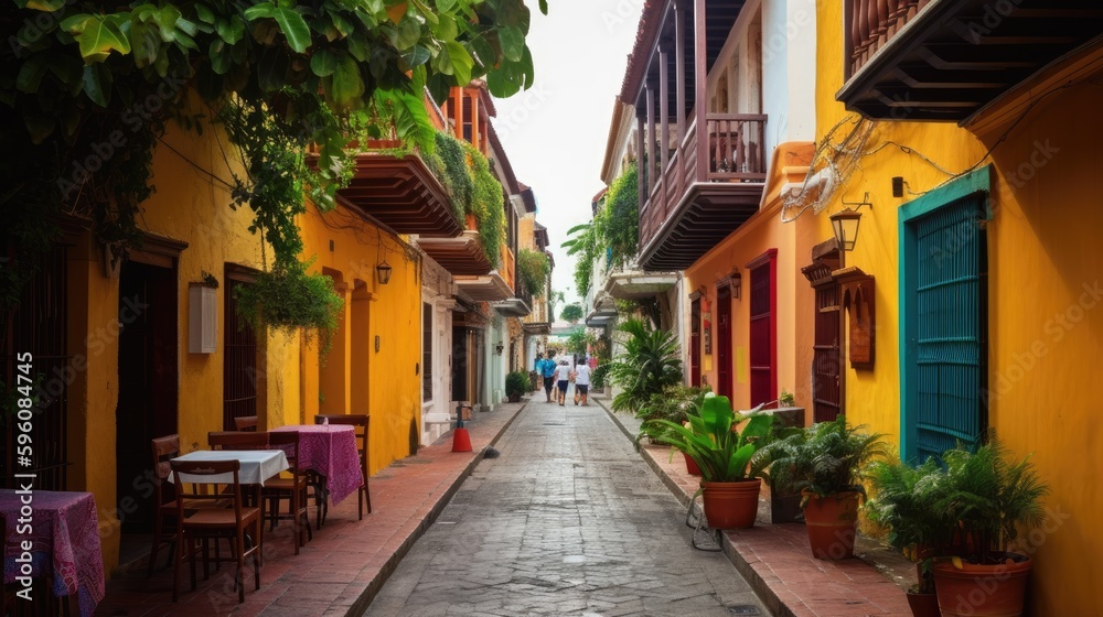 A street scene in the colorful colonial city of Cartagena with a narrow road. Generative AI