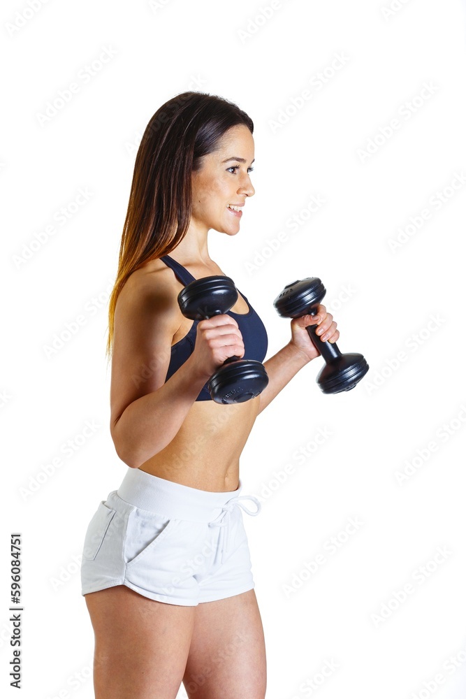Workout with two bar bells weights dumbells of young athletic sporty fit bodybuilder woman fitness smiling cheerful girl in black top white shorts making exercise training fitness on white background Workout with two bar bells weights dumbells of young athletic sporty fit bodybuilder woman fitness smiling cheerful girl in black top white shorts making exercise training fitness on white background