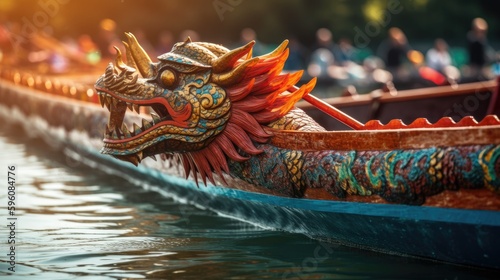 A Chinese dragon boat with an intricate traditional design, Rowing dragon boats during Duanwu, Generative AI