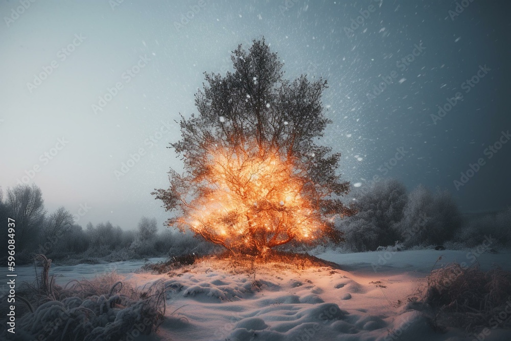 A gleaming yule tree, standing ablaze in the snowy outdoors. Generative AI - obrazy, fototapety, plakaty 