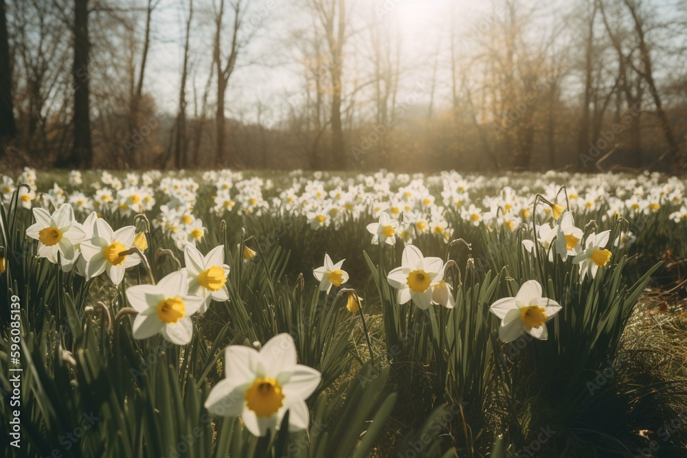 A sunny meadow full of daffodils with white petals and yellow cores. Generative AI