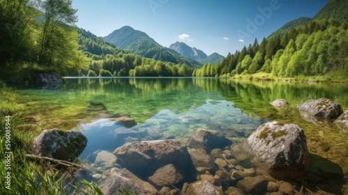 A lake in the mountains with a green tree in the foreground Generative AI © FryArt Studio