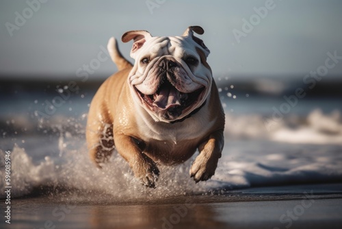 A bulldog runs through the water on a sunny day Generative AI