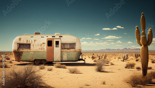 Old retro van in the desert. Generative AI