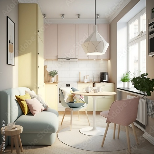 Scandinavian-Style Studio Apartment with Bright Pastel and Beige Colors, Modern Furnishings, and Kitchen Details - Generative AI
