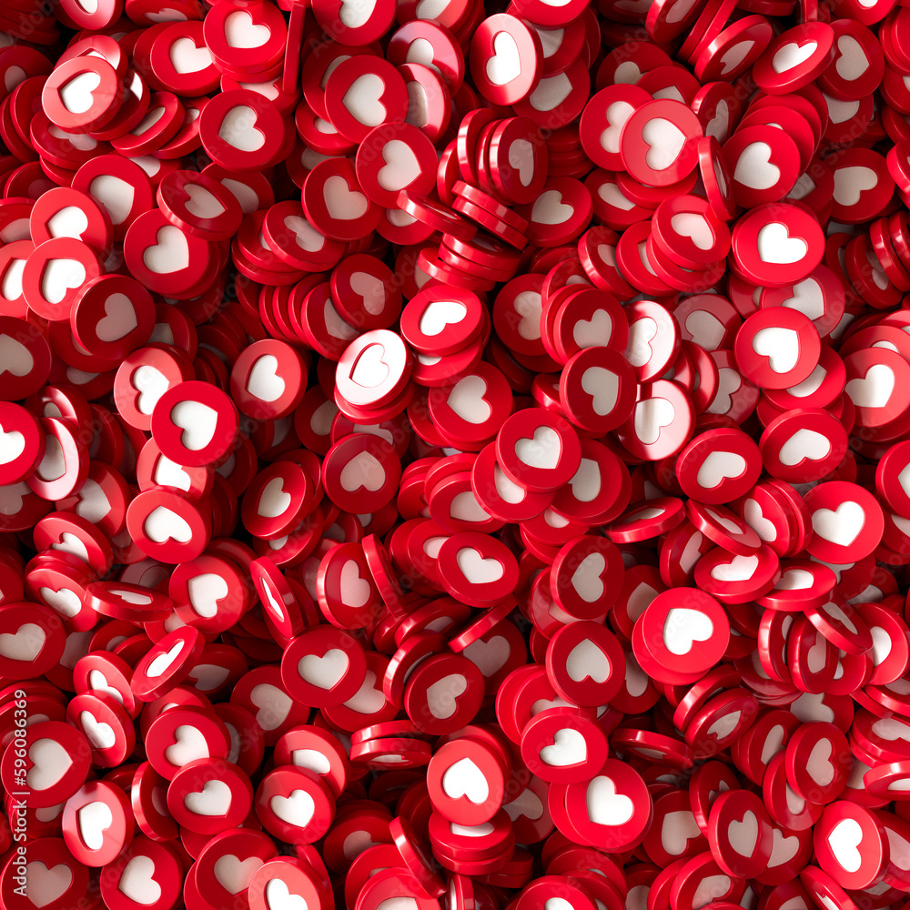 Red background with heart icons. 3D render of facebook heart icons.