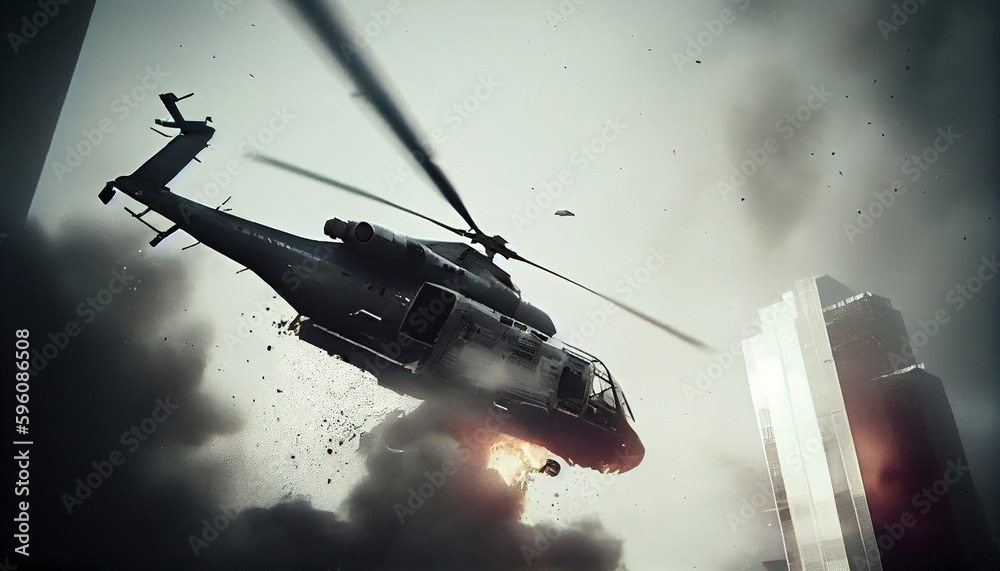 Naklejka premium A downed helicopter crashes in the city. AI Generative