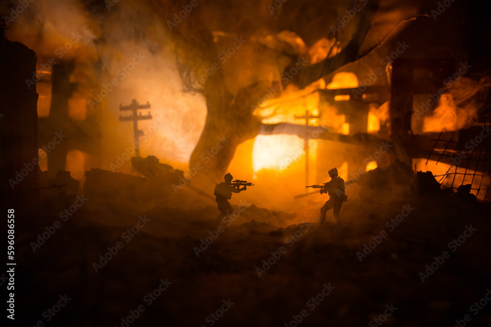 War Concept. Battle scene on war fog sky background, Fighting silhouettes Below Cloudy Skyline at night. City destroyed by war War Concept. Battle scene on war fog sky background, Fighting silhouettes Below Cloudy Skyline at night. City destroyed by war
