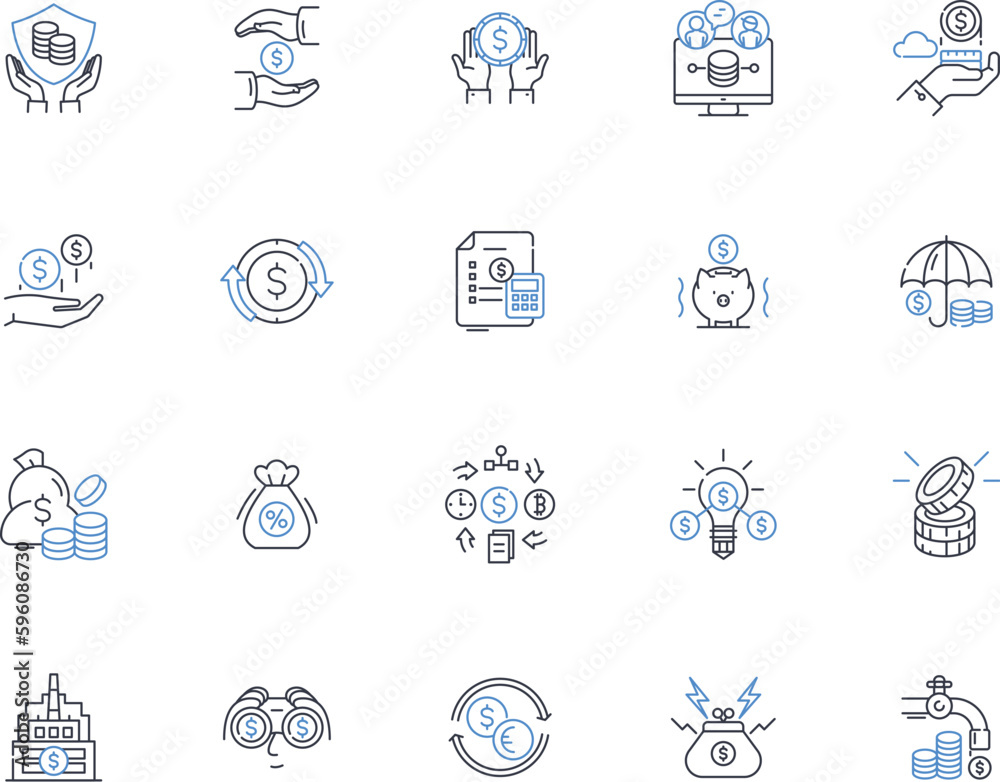 Greenbacks line icons collection. My, Cash, Currency, Bills, Banknotes, Paycheck, Savings vector and linear illustration. Income,Finance,Wealth outline signs set