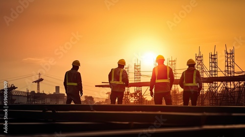silhouette of a team of construction workers at sunset, generative ai