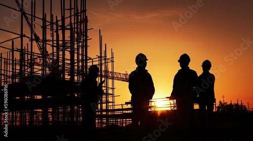 Silhouette of engineer and construction team over blurred background sunset pastel for industry background with Light fair, generative ai