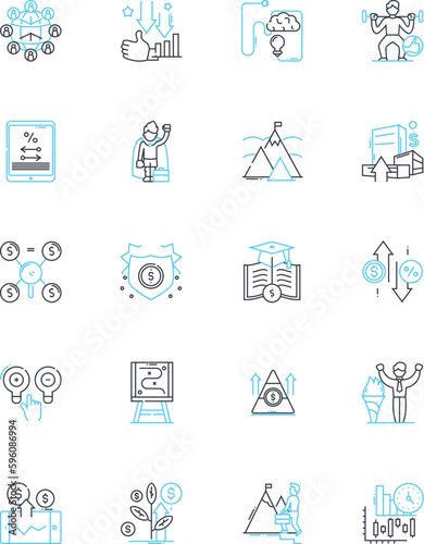 Investment consultation linear icons set. Strategy, Portfolio, Risk, Returns, Finance, Diversification, Assets line vector and concept signs. Allocation,Growth,Income outline illustrations