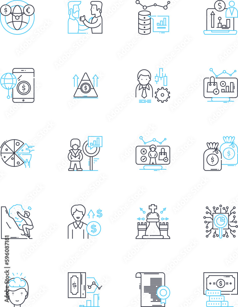 Mtary speculation linear icons set. Rumors, Predictions, Anticipation, Experts, Frenzy, Skepticism, Uncertainty line vector and concept signs. Stock,Trades,Risk outline illustrations