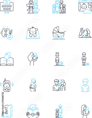 Toddlers linear icons set. Exploration, Independence, Curiosity, Energy, Spontaneity, Creativity, Imagination line vector and concept signs. Laughter,Playfulness,Discovery outline illustrations