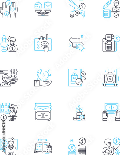 Cash management linear icons set. Budgeting, Lending, Forecasting, Credit, Reconciliation, Savings, Investment line vector and concept signs. Liquidation,Deposits,Allocation outline illustrations photo