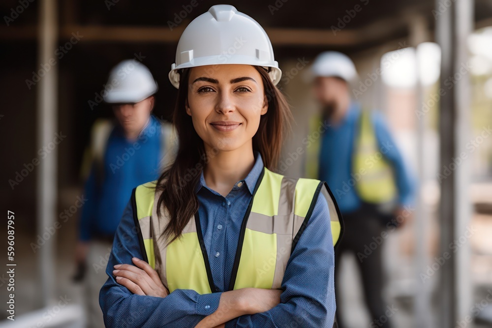 woman working on a construction site, construction hard hat and work vest, smirking, middle aged or older, Generative AI - obrazy, fototapety, plakaty 