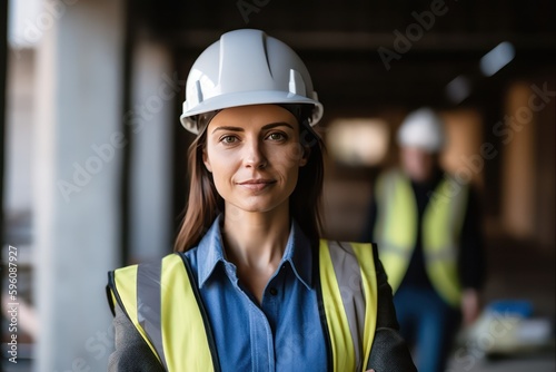 woman working on a construction site, construction hard hat and work vest, smirking, middle aged or older, Generative AI © Adriana