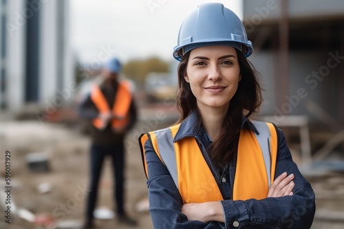 woman working on a construction site, construction hard hat and work vest, smirking, middle aged or older, Generative AI