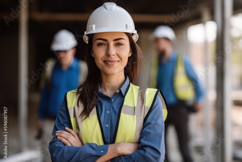 woman working on a construction site, construction hard hat and work vest, smirking, middle aged or older, Generative AI photo