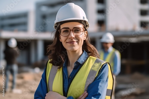 woman working on a construction site, construction hard hat and work vest, smirking, middle aged or older, Generative AI photo