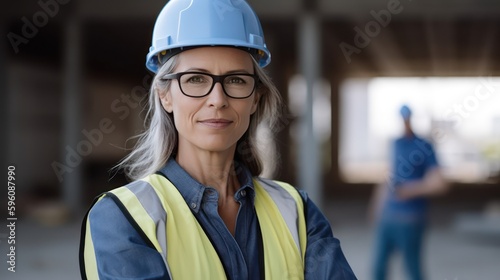 woman working on a construction site, construction hard hat and work vest, smirking, middle aged or older, Generative AI 