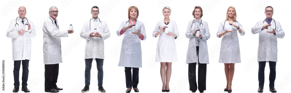 group of doctors holding jar isolated on white group of doctors holding jar isolated on white