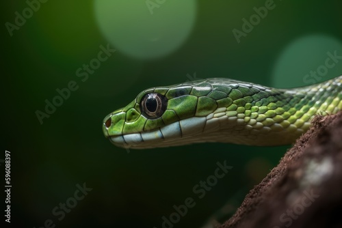 green snake perched on a tree branch. Generative AI