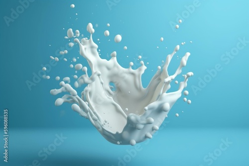 Abstract milk splash shapes isolated on blue background in 3D rendering. Generative AI