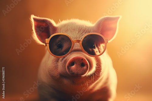 Funny cute pig in sunglasses with happy emotion. AI generated, human enhanced