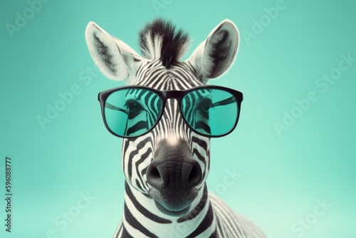 Funny cute zebra in sunglasses with happy emotion. AI generated, human enhanced
