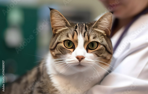 Veterinarian holding cute cat on hands at vet clinic, created with Generative AI
