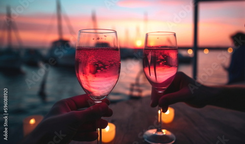 glasses of wine on cafe table,romantic couple sit and relax  on beach at sea on sunset  and drink  white wine blurred sea water ,ship in port,  summer resort ,holiday vacation  nevening,generated ai photo