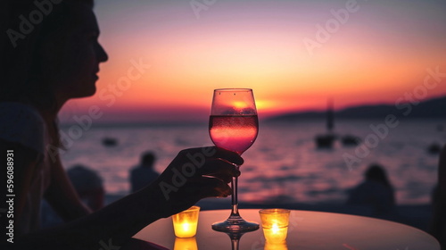 glasses of wine on cafe table,romantic couple sit and relax  on beach at sea on sunset  and drink  white wine blurred sea water ,ship in port,  summer resort ,holiday vacation  nevening,generated ai photo
