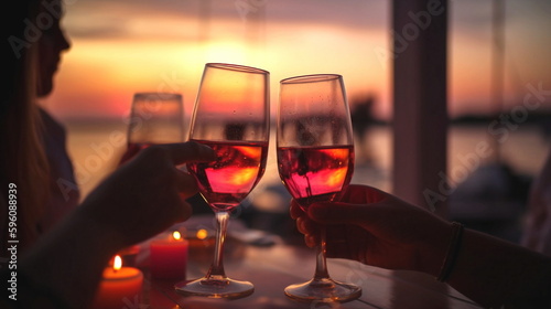 glasses of wine on cafe table,romantic couple sit and relax  on beach at sea on sunset  and drink  white wine blurred sea water ,ship in port,  summer resort ,holiday vacation  nevening,generated ai photo