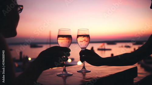 glasses of wine on cafe table,romantic couple sit and relax  on beach at sea on sunset  and drink  white wine blurred sea water ,ship in port,  summer resort ,holiday vacation  nevening,generated ai photo